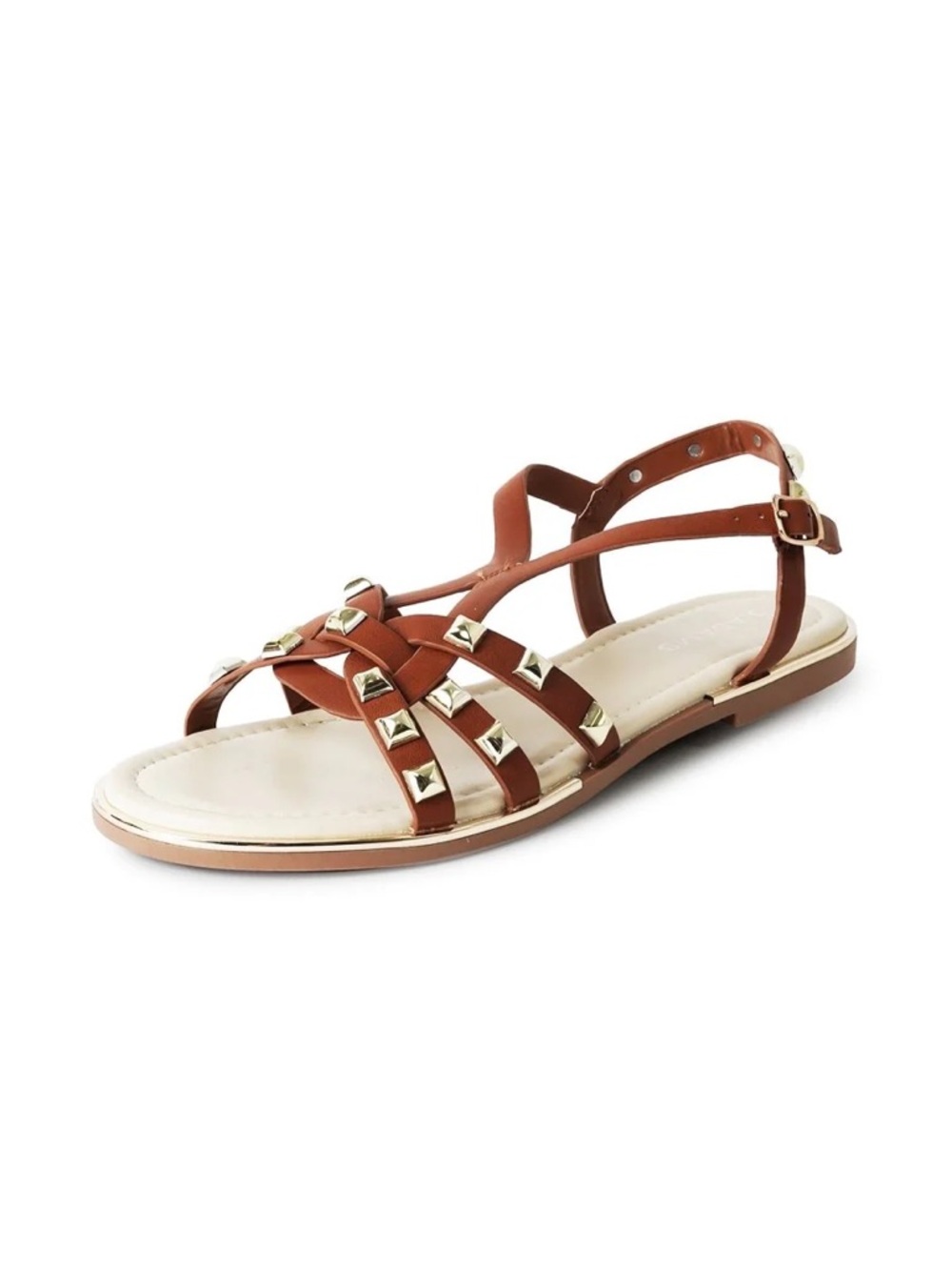Women's Brown Pyramid-Stud Flat Sandal with Ankle Strap
